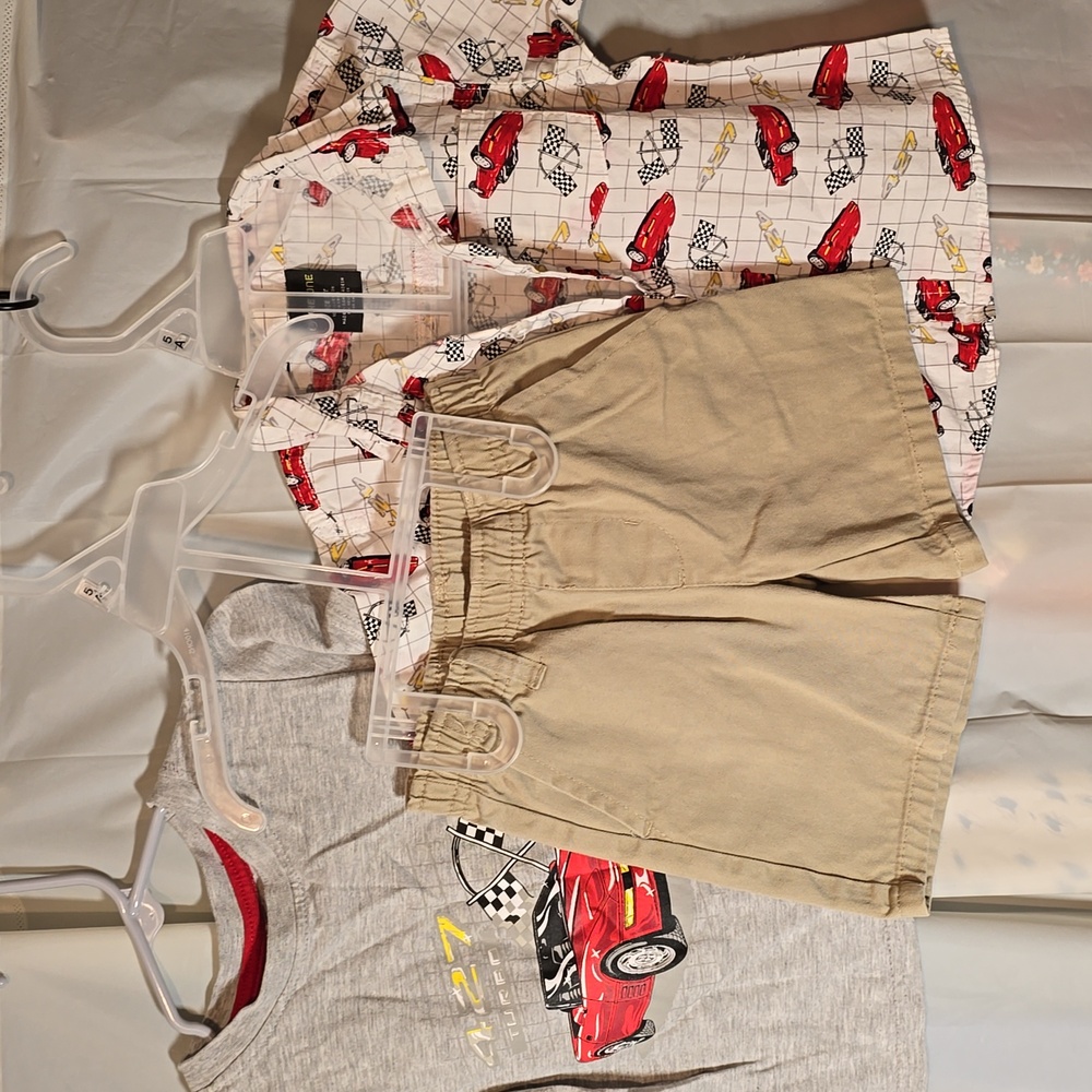 3T boy 3 piece button up shirt, t-shirt and shorts set with red racecar graphic.